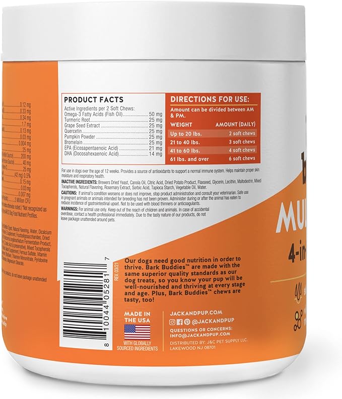 Jack&Pup Dog Vitamins and Supplements Multivitamins for Dogs - Bark Buddies Multi-Buddy Dog Multivitamins Chewable Soft Chews Puppy Vitamins and Supplements - Dog Supplements & Vitamins (60ct)