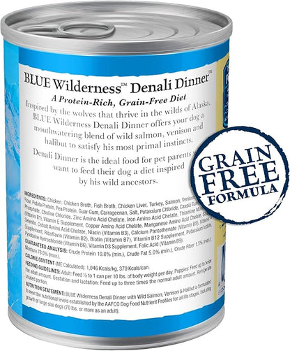 Blue Buffalo Wilderness Denali Dinner Wet Dog Food, High-Protein & Grain-Free, Made with Natural Ingredients, Wild Salmon, Venison & Halibut, 12.5-oz. Can (12 Count)