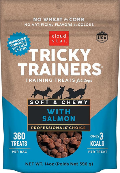 Cloud Star Tricky Trainers Soft & Chewy Dog Training Treats 14 oz Pouch, Salmon Flavor, Low Calorie Behavior Aid with 360 treats