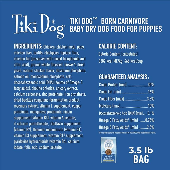 Tiki Dog Born Carnivore Baby for Dogs, Chicken, Peas and Lentils Recipe, Grain-Free Dry Dog Food Baked with Fresh Meat & Superfoods, For Puppies 5 weeks and older, 3.5 lbs. Bag - SKU 10864