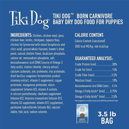 Tiki Dog Born Carnivore Baby for Dogs, Chicken, Peas and Lentils Recipe, Grain-Free Dry Dog Food Baked with Fresh Meat & Superfoods, For Puppies 5 weeks and older, 3.5 lbs. Bag - SKU 10864