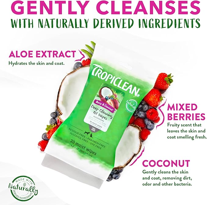 TropiClean Berry & Coconut Dog Wipes for Paws and Butt | Deep Cleaning Dog Grooming Wipes | Safe for The Face | Cat Friendly | 20 Count