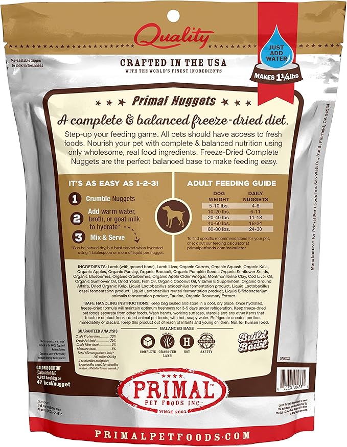 Primal Freeze Dried Dog Food Nuggets, Lamb; Complete & Balanced Meal; Also Use as Topper or Treat; Premium, Healthy, Grain Free, High Protein Raw Dog Food, 5.5 oz