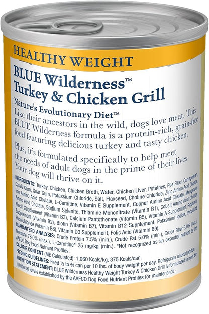 Blue Buffalo Wilderness High Protein, Natural Adult Healthy Weight Dog Wet Food, Turkey & Chicken Grill 12.5-oz cans (Pack of 12)