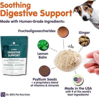 Dr. Bill’s Canine Digestive Support | Probiotics & Prebiotics for Dogs | Gut Health Pet Supplements | Contains Ginger Root, Psyllium Husk, Lemon Balm and Bifidobacterium
