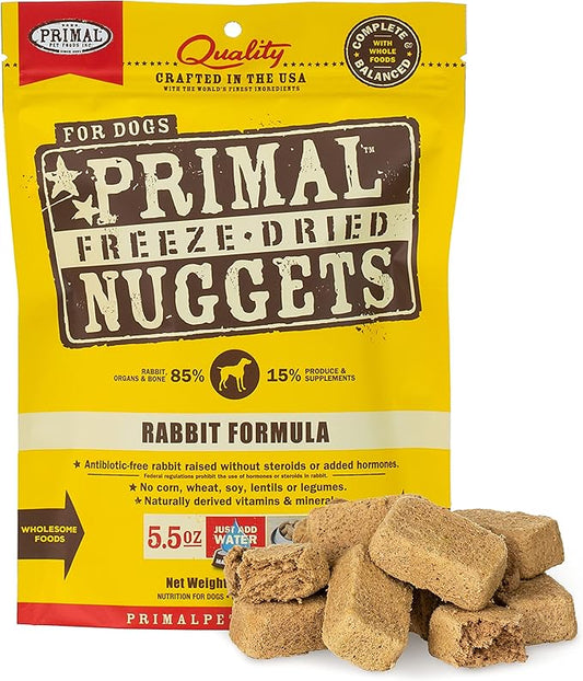 Primal Freeze Dried Dog Food Nuggets, Rabbit; Complete & Balanced Meal; Also Use as Topper or Treat; Premium, Healthy, Grain Free, High Protein Raw Dog Food, 5.5 oz