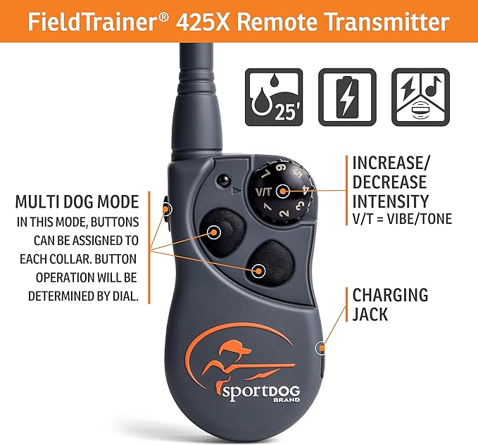 SportDOG Brand 425X Shock Collar - Remote Trainer with Extra Collar - Train 2 Dogs - 500 Yard Range Collar with Shock, Vibrate and Tone, Rechargeable - (1) Black and (1) Orange Dog Training Collars