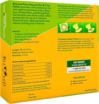 Natural Flea & Tick Collar for Cats - 12 Months Control of Best Prevention & Safe Treatment - Anti Fleas and Ticks Essential Oil Repellent (2 pack)