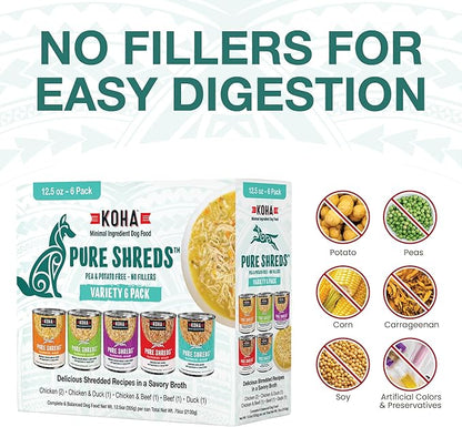 KOHA Pure Shreds Dog Food, 5 Flavors Variety Pack, Wet Food for Picky Eaters, Low Fat, High Protein, 12.5oz Cans, 6 Pack, 5.82 pounds
