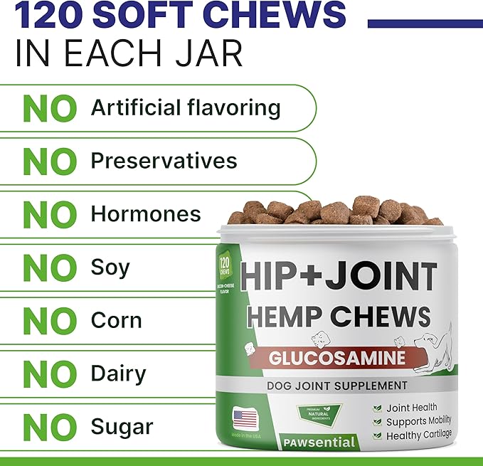 ADVANCED Hemp Hip & Joint Supplement for Dogs - Glucosamine for Dogs - Dog Joint Pain Relief Treats - Chondroitin Turmeric MSM Hemp Oil - Hemp Treats for Joint Health - Senior Mobility Support Chew