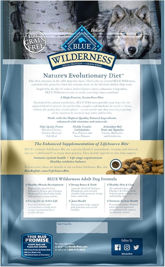 Blue Buffalo Wilderness Adult High-Protein Dry Dog Food with Real Chicken, Grain-Free, Made in the USA with Natural Ingredients, Chicken, 4.5-lb. Bag