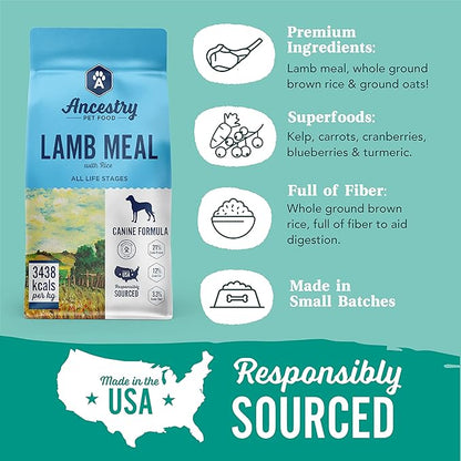 Ancestry Dog Food, Lamb Meal & Brown Rice Formula, Crude Protein, Fiber & Fat, For All Life Stages, Wholesome Grains Dry Dog Food, Support Skin & Coat, Improve Gut Health, Immune Support (12 lb. Bag)