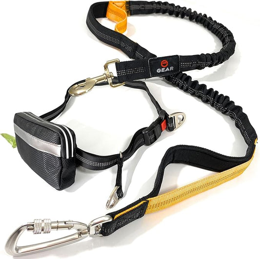 Hands Free Dog Leash with Locking Carabiner | Waterproof Running Dog Leash with Zipper Pouch, Dual Padded Handles and Durable Bungee for Active Dogs and Lifestyles