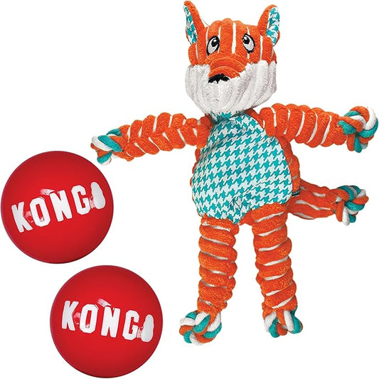 KONG Floppy Knots Fox and 2 Signature Balls - Sturdy & Fun Dog Toys - Strong Dog Toy Balls for Fetch & Soft Toy with Internal Squeaker - for Large Dogs