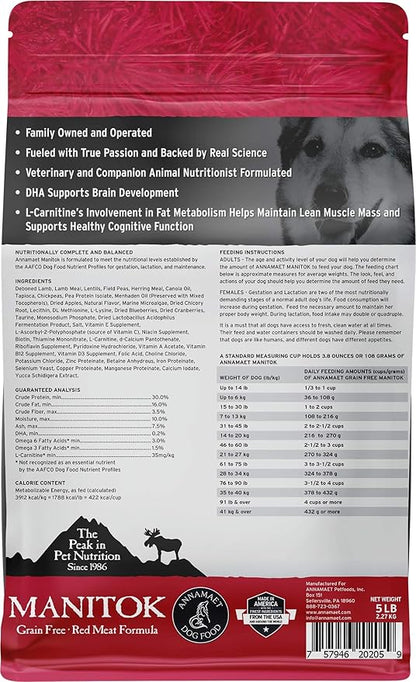Annamaet Grain-Free Manitok Red Meat Formula Dry Dog Food, (Fresh Lamb), 5-lb bag