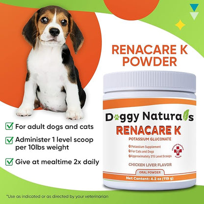RenaCare K is for Renal K (Potassium Gluconate) Potassium Supplement Powder for Dogs and Cats, (4 oz) with Chicken Liver Flavor - 215 Level Scoop (Made is U.S.A)