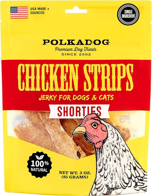 Polkadog Chicken Strip Jerky Dog & Cat Treat - Handmade, Single-Ingredient, Grain Free, USA Farm-Raised Chicken - Dog Jerky Treat - Made in USA, 3oz