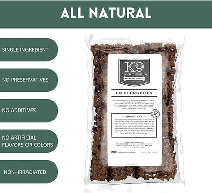 K9 Connoisseur Low to Odor Free Slow Roasted Beef Lung Dog Treats Made in USA, One Ingredient Dog Treats & All Natural Dog Treats, Grain Free Dog Treats for All Breeds & Sizes - 8 Ounce