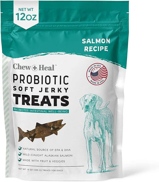 Chew + Heal Labs Probiotic Salmon Jerky Dog Treats - 12 oz of Salmon Jerky for Digestive Health - Made with Wild Alaskan Salmon, Apples, Pumpkin, Pea Protein, and More - Made in The USA