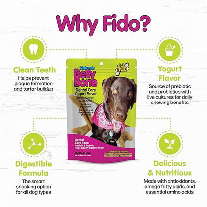 Belly Bones for Dogs, 4 Yogurt Flavor Large Dog Dental Treats (Made in USA) - 4 Count Dog Treats for Large Dogs - Plaque and Tartar Control for Fresh Breath, Digestive Health Support