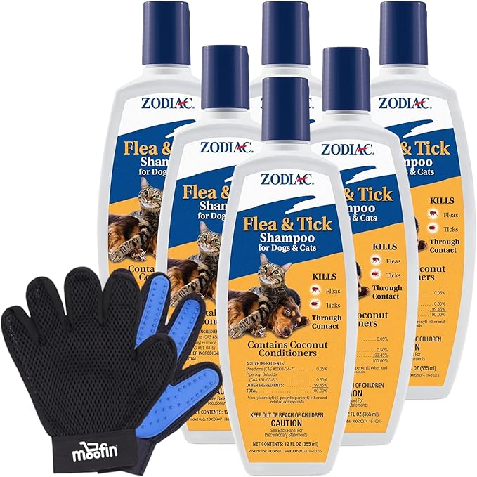 Pet Flea and Tick Shampoo for Dogs and Cats, 12 oz - Bundle with Moofin Pet Hair Removing Glove, Anti Itch Dog Shampoo, Kills Fleas & Ticks on Contact, Fresh Scent [Pack of 6]