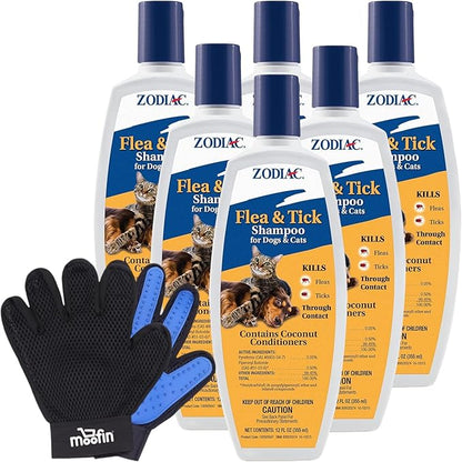 Pet Flea and Tick Shampoo for Dogs and Cats, 12 oz - Bundle with Moofin Pet Hair Removing Glove, Anti Itch Dog Shampoo, Kills Fleas & Ticks on Contact, Fresh Scent [Pack of 6]
