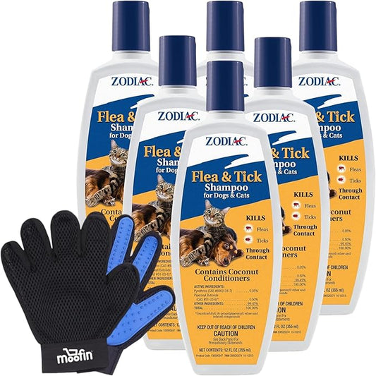 Pet Flea and Tick Shampoo for Dogs and Cats, 12 oz - Bundle with Moofin Pet Hair Removing Glove, Anti Itch Dog Shampoo, Kills Fleas & Ticks on Contact, Fresh Scent [Pack of 6]