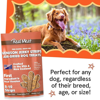 Real Meat Venison Jerky Dog Treats - 8 Air-Dried Strips of Jerky Treats for Dogs - Grain-Free Jerky Treats Dog Snacks with 95% Human-Grade Free-Range Grass Fed Venison - All-Natural Dog Jerky Strips