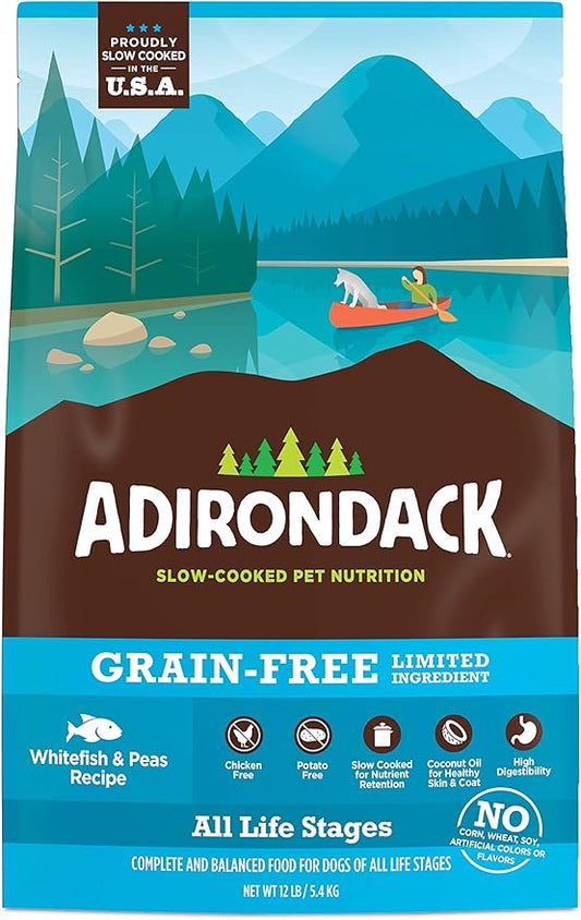 Adirondack Dog Food Made in USA [Limited Ingredient Grain Free Dog Food], All Life Stages Dry Dog Food, Whitefish and Peas Recipe, 12 lb. Bag