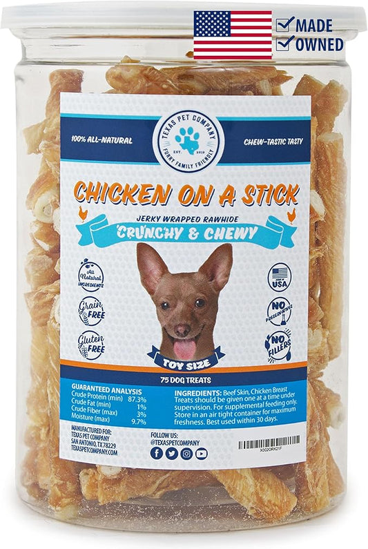 Chicken On A Stick Crunchy & Chewy Chicken Jerky Wrapped Rawhides for Dogs, Made in The USA Dog Treats, 2 in 1 Treat for Toy to Small Dogs 75 Ct