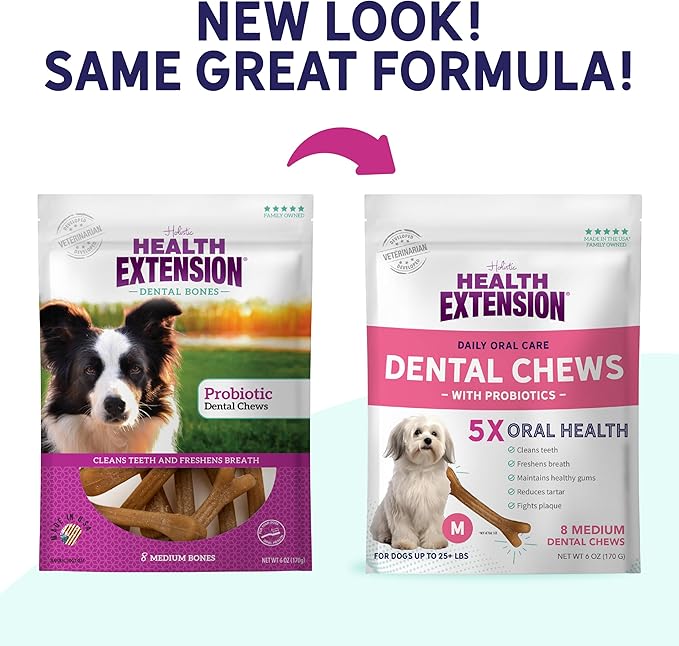 Health Extension Probiotic Dog Chew Bone Treats, Puppy Training Treat, Medium Sticks for Dental Teeth Cleaning & Breath Freshener, Medium (Pack of 8)