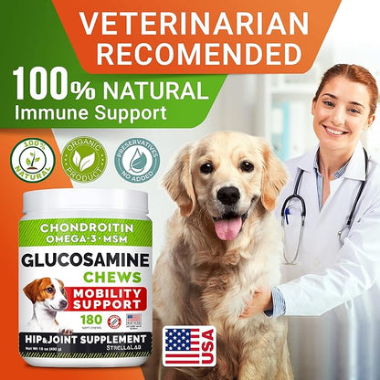 STRELLALAB Glucosamine Treats for Dogs - Joint Supplement w/Omega-3 Fish Oil - Chondroitin, MSM - Advanced Mobility Chews - Joint Pain Relief - Hip & Joint Care - Bacon Flavor - 180 Ct - Made in USA