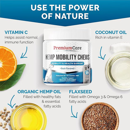 Premium Care Glucosamine Chews for Dogs with Hemp - Hip and Joint Health Supplement for Mobility Support - Dog Glucosamine Chews with Hemp for Dogs- 120 Hemp Treats