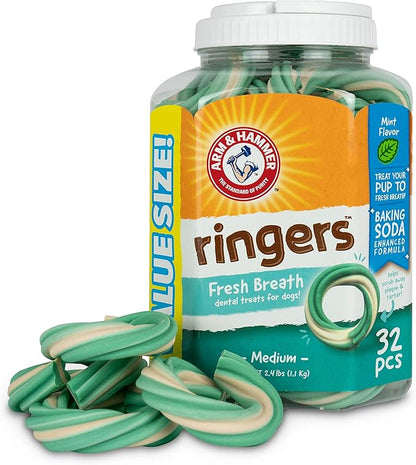 Arm & Hammer for Pets Ringers Fresh Breath Dental Treats for Dogs, Value Pack, Dental Chews Fight Bad Dog Breath, Plaque & Tartar Without Brushing Includes Baking Soda (Pack of 6, 192 Count Total)