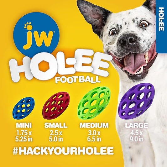 JW Pet Hol-ee Football Dog Toy Puzzle Ball, Natural Rubber, Small (5 Inch Length), Colors May Vary.