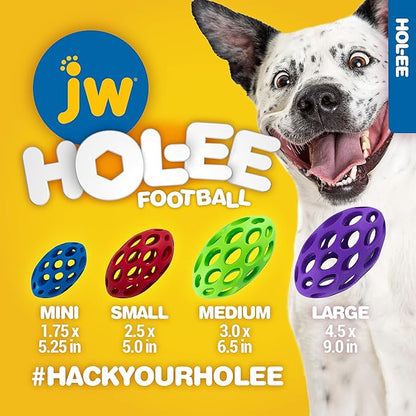 JW Pet Hol-ee Football Dog Toy Puzzle Ball, Natural Rubber, Medium (6.5 Inch Length), Colors May Vary