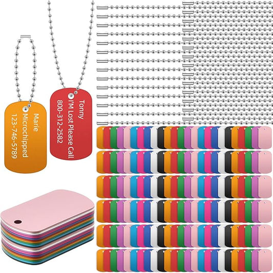 300 Pcs Blank Dog Tags Set Includes 150 Pcs Aluminum Blank Tags Laser Engraving Blanks and 150 Pcs Necklace Chain Rectangle Stamping Tags for Pet DIY Decorative Craft, 10 Colors(150 Set)