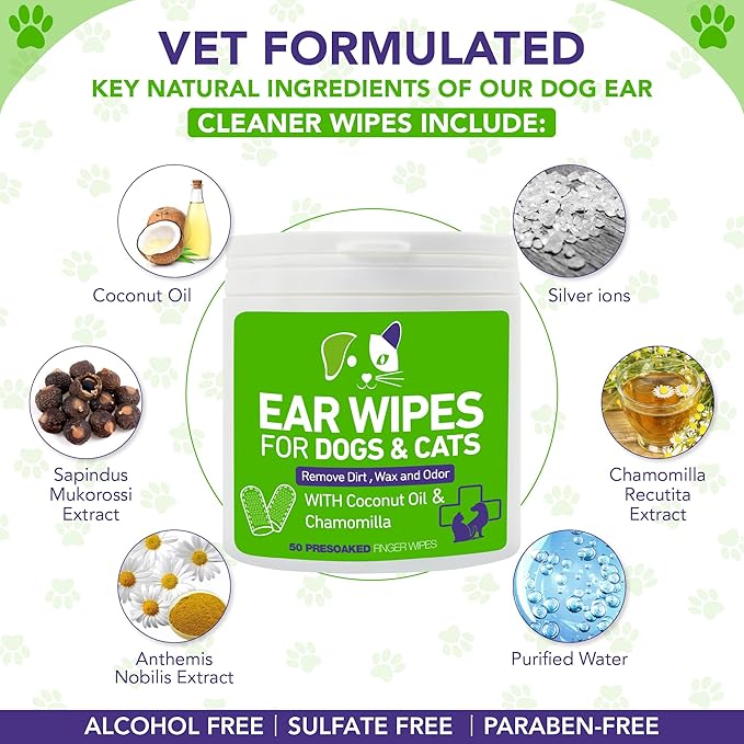 Pet Ear Wipes for Dogs and Cats - Dog Ear Cleaner Wipes, Cleaning and Deodorizing - Remove Debris & Wax, Improve Ear Itching, and Infections - 300 Finger Wipes (6 Packs)