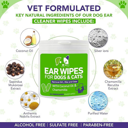 Pet Ear Wipes for Dogs and Cats - Dog Ear Cleaner Wipes, Cleaning and Deodorizing - Remove Debris & Wax, Improve Ear Itching, and Infections - 300 Finger Wipes (6 Packs)