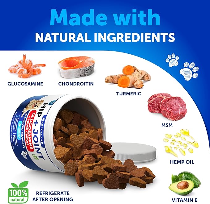 Hemp Hip and Joint Supplement for Dogs - Glucosamine for Dogs - Dog Joint Pain Relief Treats - Chondroitin - MSM - Hemp Oil - Mobility Support - Advanced Canine Joint Health - Made in USA - 120 Chews