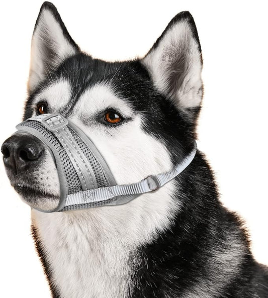 Dog Muzzle Soft Air Mesh Muzzle for Large Dogs, Adjustable Pet Muzzle for Small Medium Dogs to Drink Normally, Breathable Reflective Muzzle for Dogs to Prevent Biting Barking(Grey,L-10)