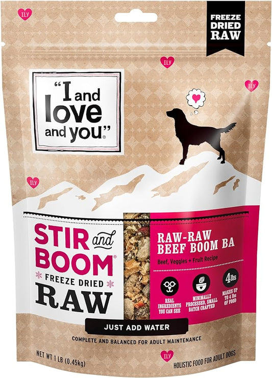 I AND LOVE AND YOU Stir and Boom Dehydrated Freeze Dried Raw Dog Food - Beef - Grain Free, Real Meat, No Fillers, 1lb Bag