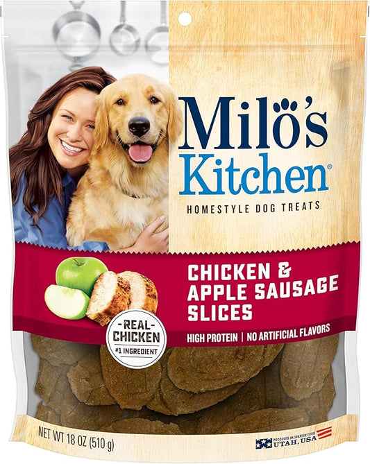 Milo's Kitchen Homestyle Dog Treats, Chicken & Apple Sausage Slices, 18 Ounce, High Protein, No Artifical Flavors