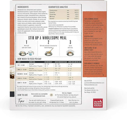 The Honest Kitchen Human Grade Dehydrated Grain Free Dog Food – Complete Meal or Dog Food Topper – Beef 2 lb (makes 8 lbs)
