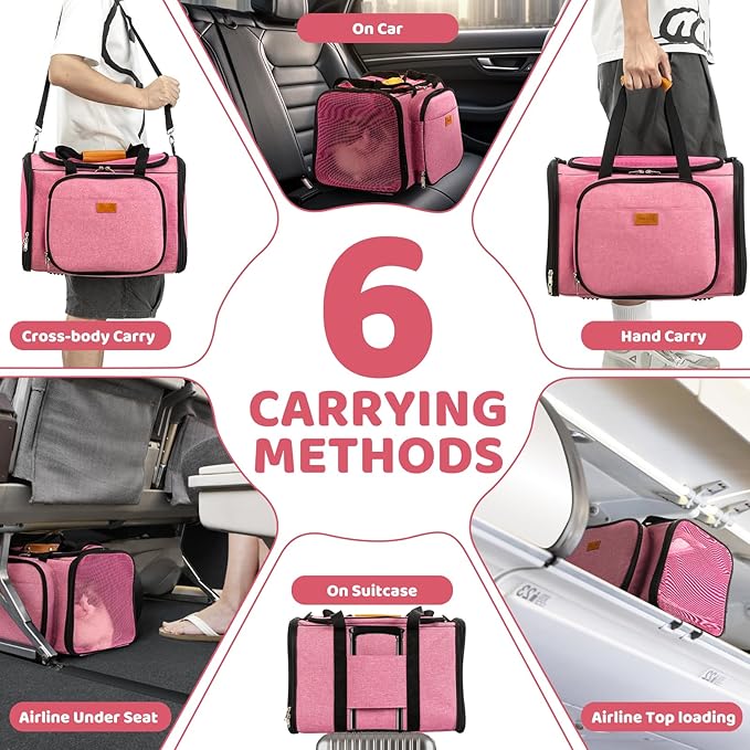Cat Carrier, Detachable Pet Carrier Airline Approved, 18"x13.4"x11.8" Large Expandable Space 3 in 1 Soft Sided Small Dog Travel Bag, Rabbit Cat Kennel, Pet Mobile Tent Outdoors Indoors (Pink)