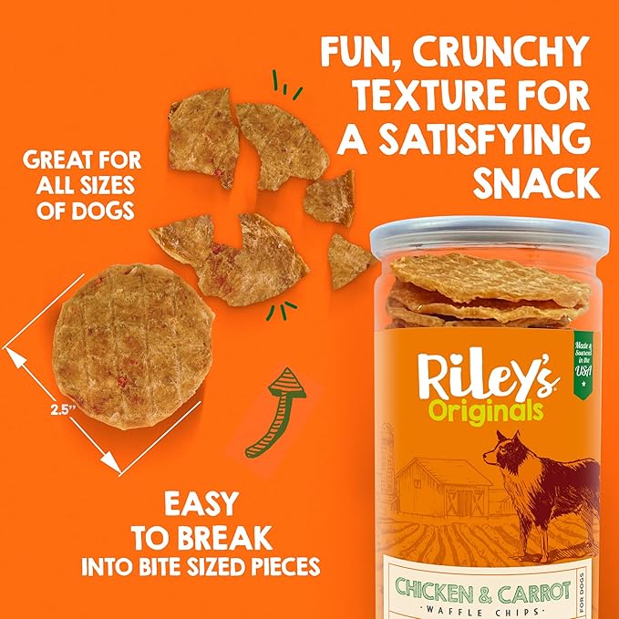 Riley's Waffles Chicken Chips for Dogs w Carrots - USA Sourced Chicken Dog Treats, Limited Ingredient Dog Treats, Dehydrated Jerky Treats Made in USA