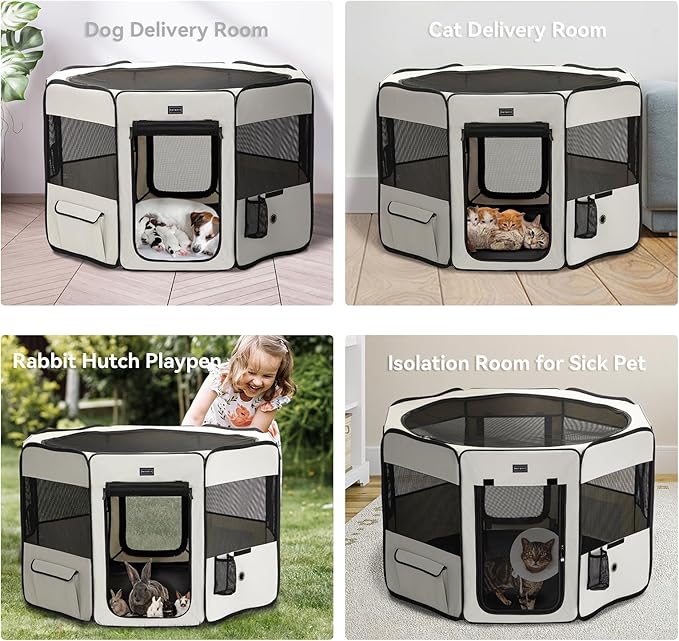 PETSFIT Dog Playpen, 45.5" Sturdy Pop Up Dog Kennel Foldable Dog Pen Indoor Outdoor Puppy Playpen for Medium Dogs Cats with Traveling Bag Zipper Sealed Removable Mesh Top Leakproof Bottom Mat Beige L