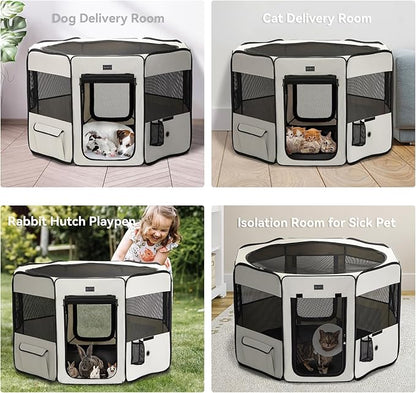 PETSFIT Dog Playpen, 45.5" Sturdy Pop Up Dog Kennel Foldable Dog Pen Indoor Outdoor Puppy Playpen for Medium Dogs Cats with Traveling Bag Zipper Sealed Removable Mesh Top Leakproof Bottom Mat Beige L