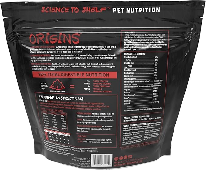 Origins 5-in-1 Dog Supplement - Powdered Food Topper w/Natural Turkey Protein- Supports Healthy Digestion, Skin, and Coat - Helps Reduce Itching & Joint Inflammation (5LB)