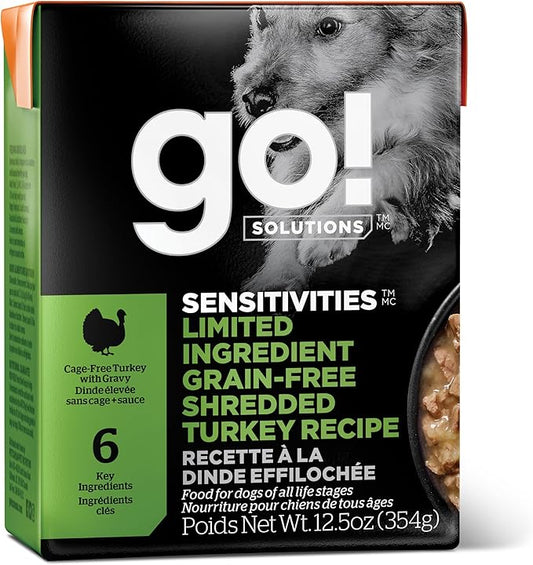 GO! SOLUTIONS Sensitivities Limited Ingredient Wet Dog Food - Grain Free Shredded Turkey Recipe - Complete & Balanced Nutrition for All Life Stages, 12.5 oz